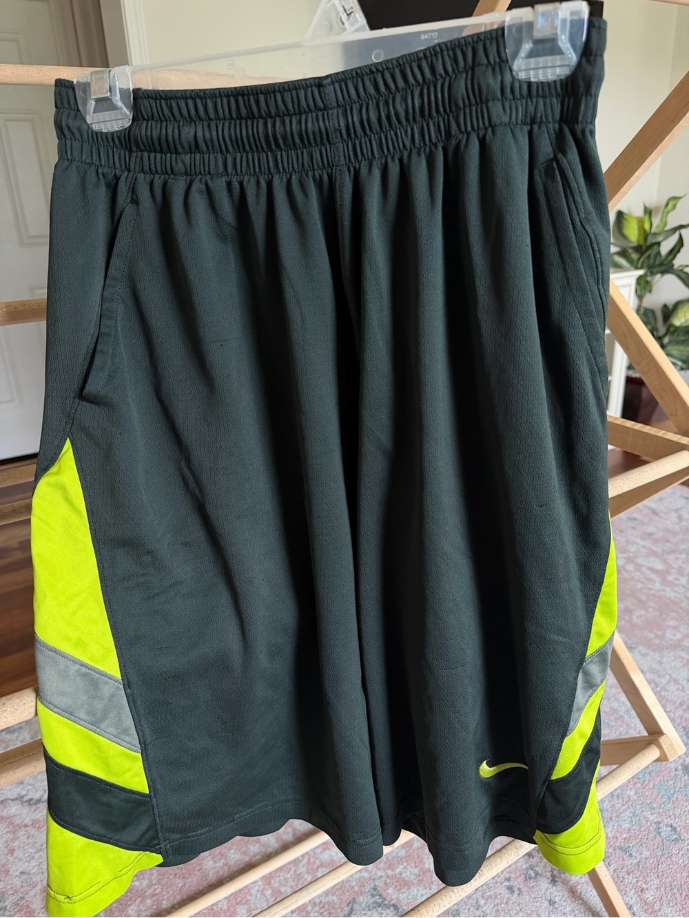 Nike Dri-Fit Men’s Dark Green Athletic Shorts with Neon Accents